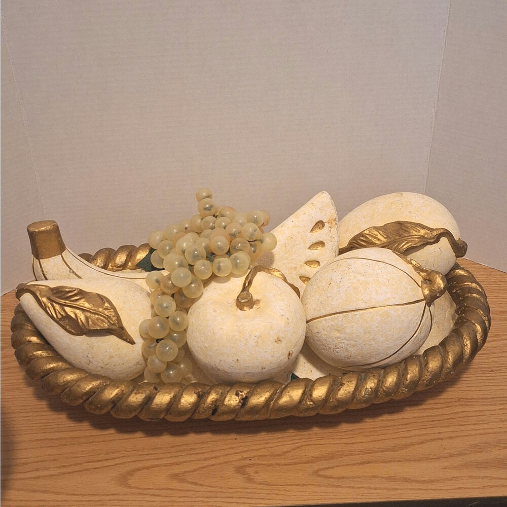 Rare Vtg Florentine Heavy Ceramic Fruit Bowl Centerpiece Gold Rope Basket 20x10